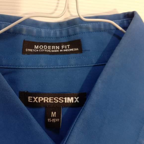 Express 1MX Mens Modern Fit Stretch Cotton Slim Solid Dress Shirt in Teal Medium - Picture 4 of 4